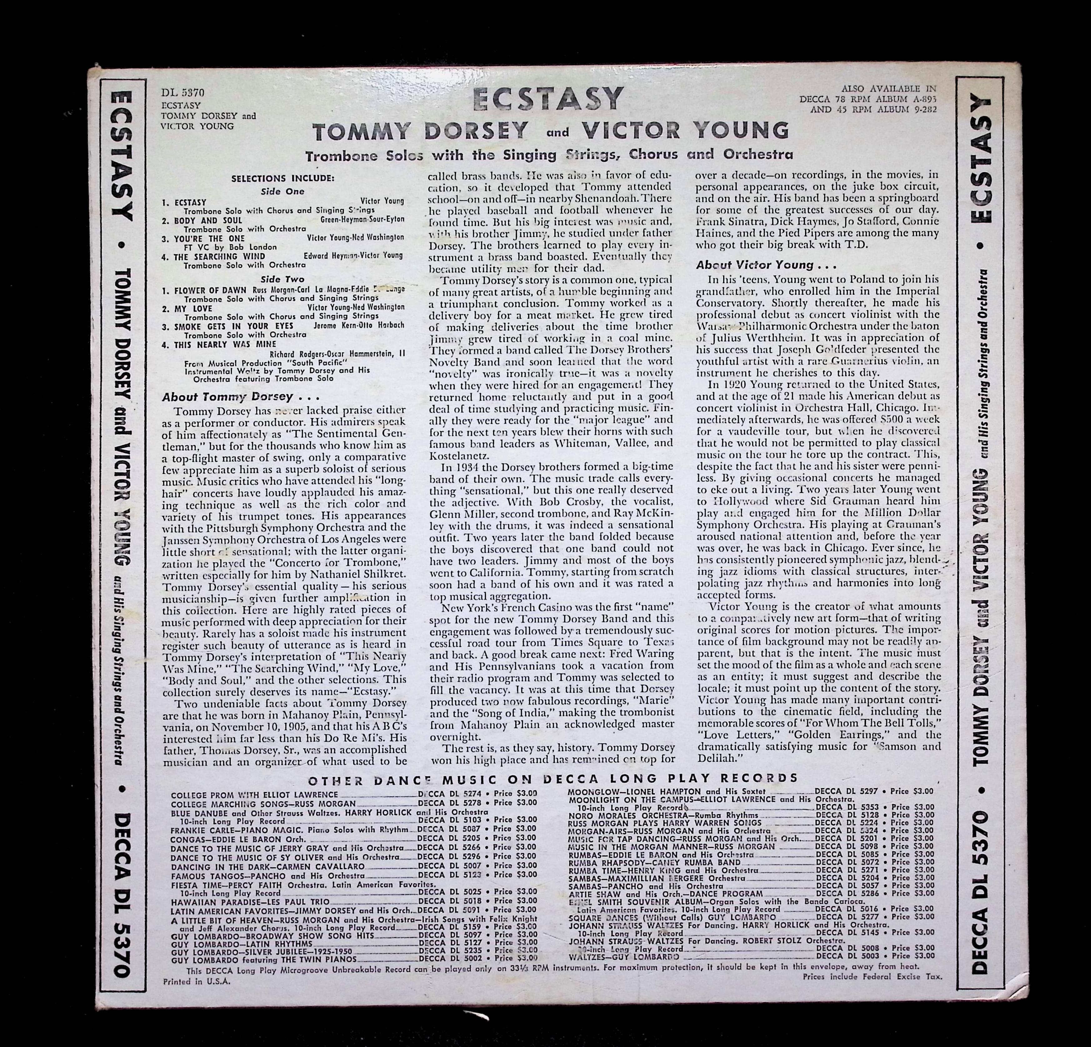 Tommy Dorsey Ecstasy 10" LP 1951 DL 5370 Jazz — image 2