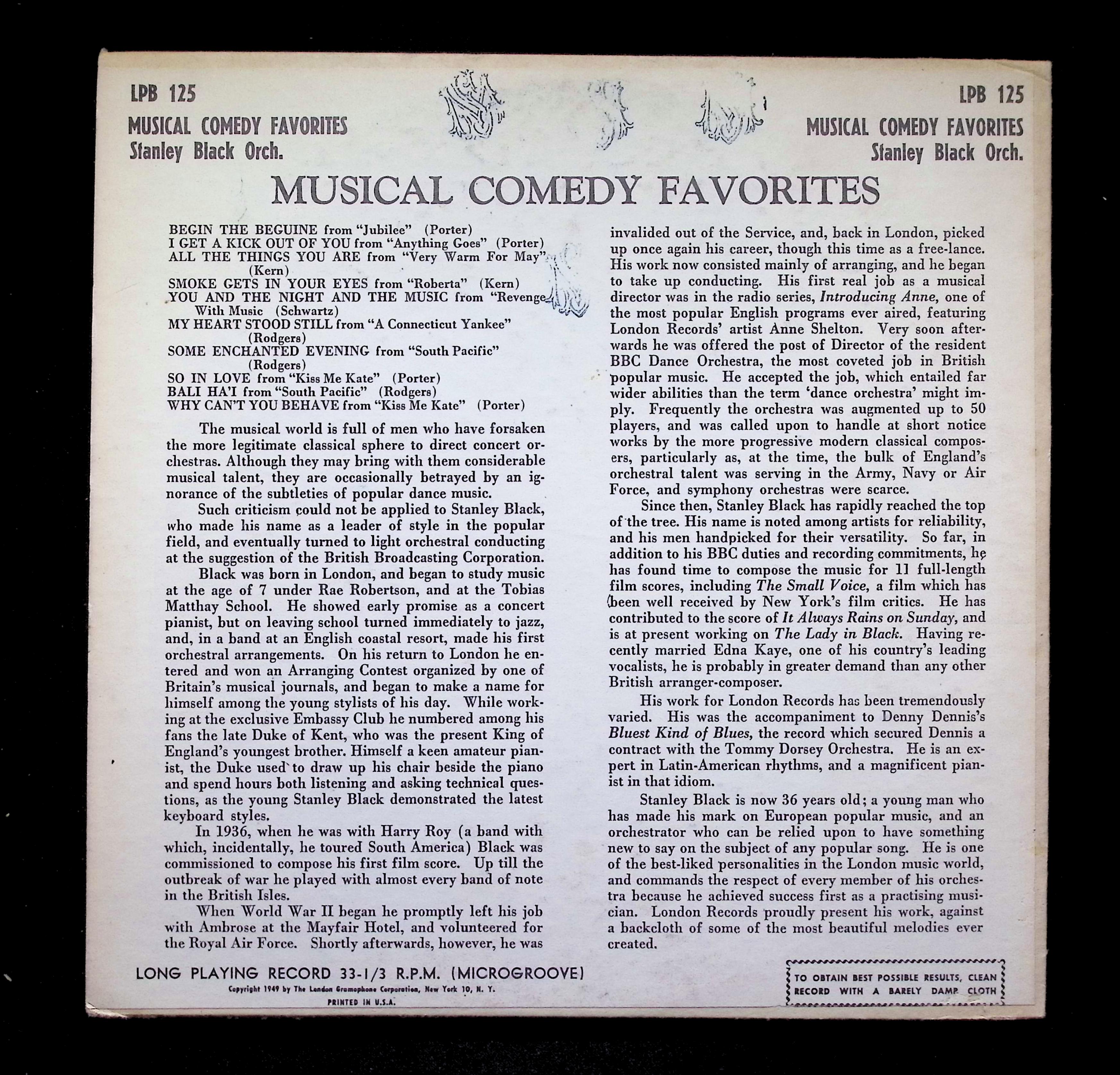 Stanley Black & His Orchestra Musical Comedy Favourites 10" LP 1949 LPB 125 Jazz — image 2