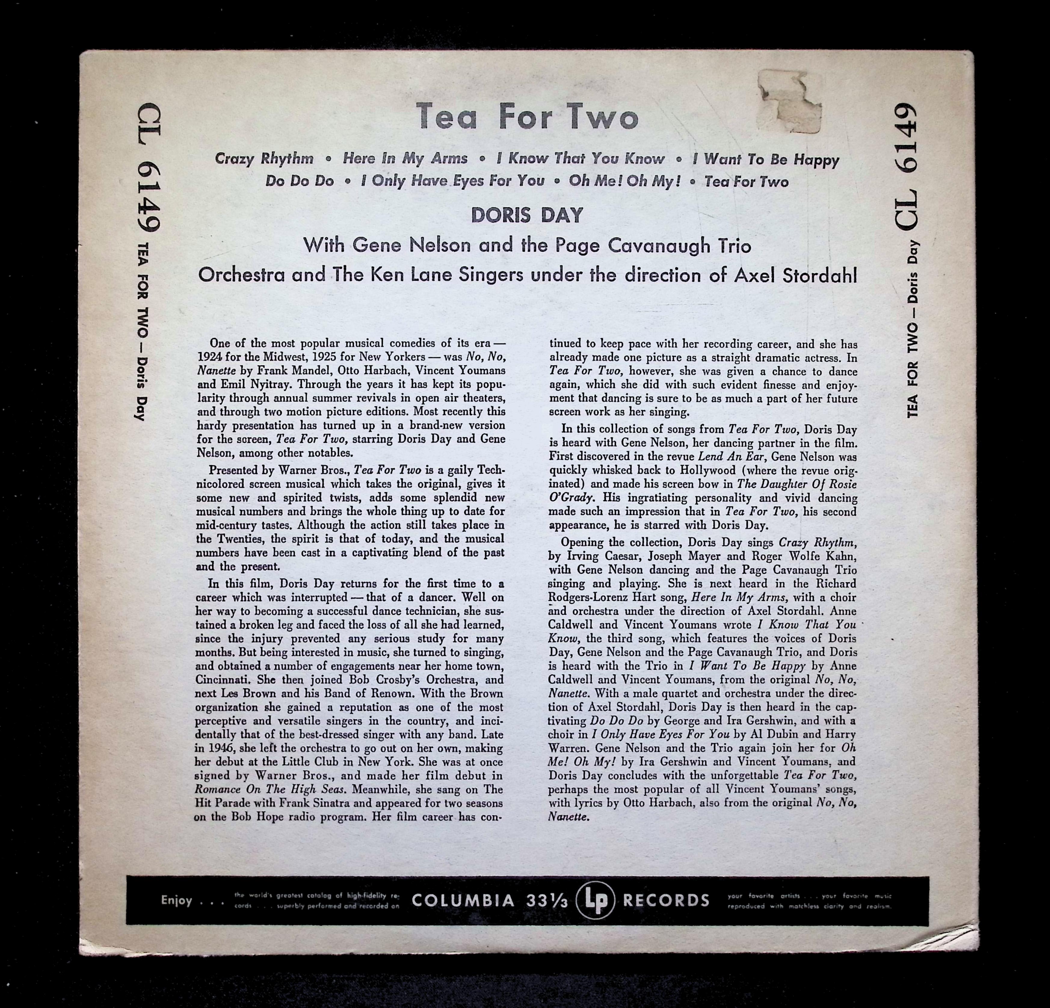 Doris Day Tea For Two (Soundtrack) 10" LP 1950 CL 6149 Stage & Screen — image 2