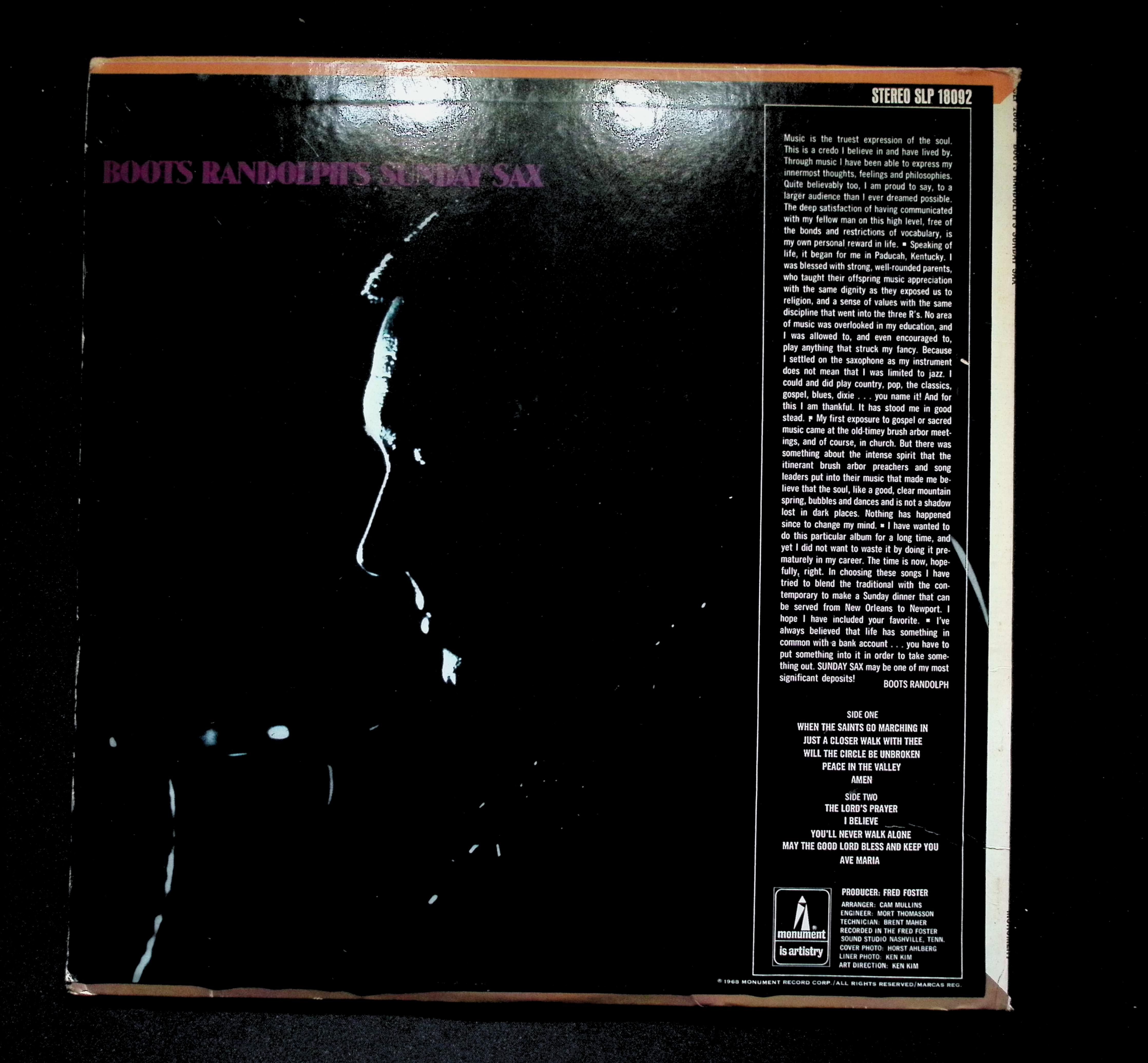 Boots Randolph Sunday Sax LP 1968 Monument Jazz — image 2