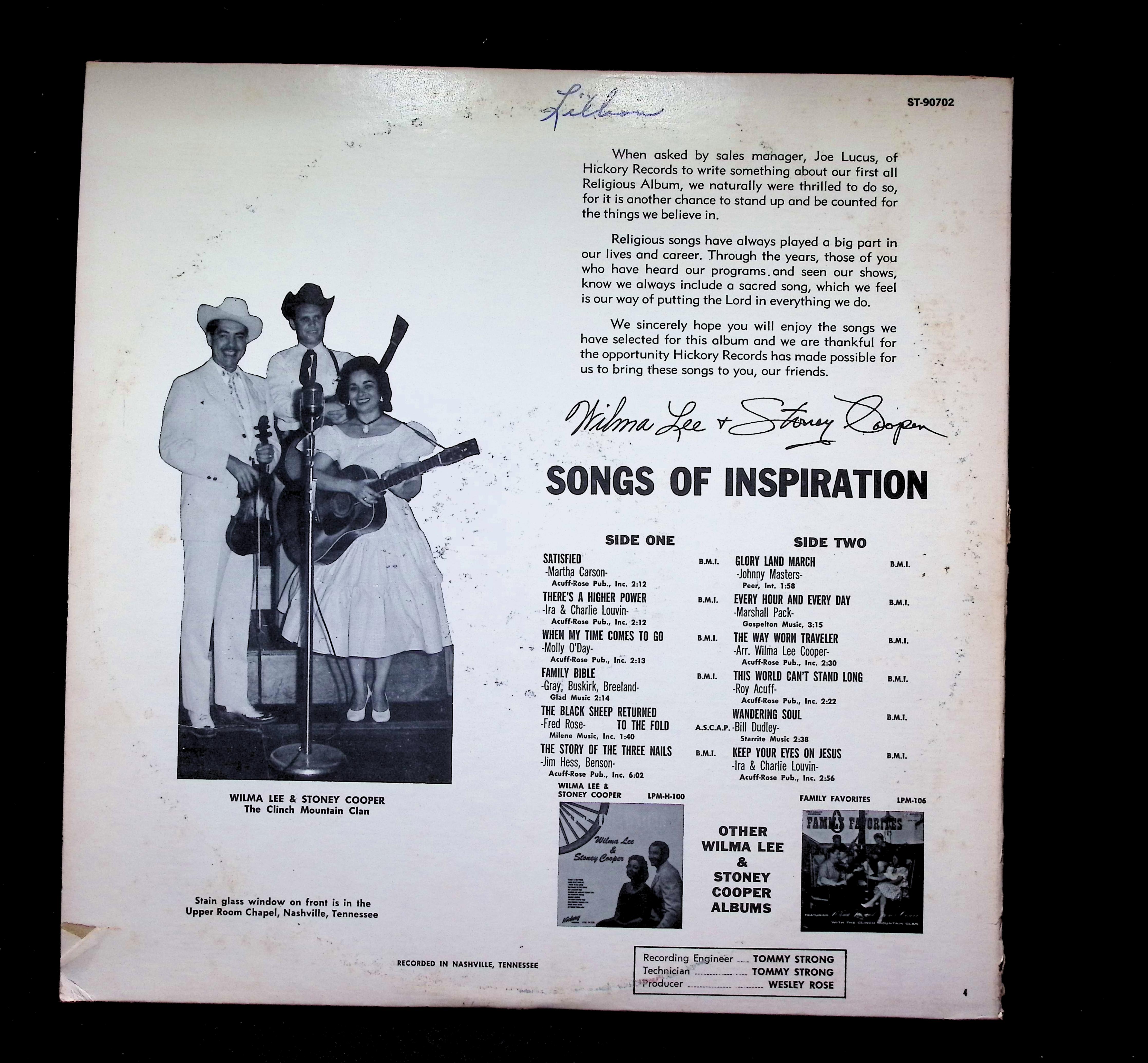 Wilma Lee & Stoney Cooper Songs Of Inspiration LP Hickory Gospel — image 2