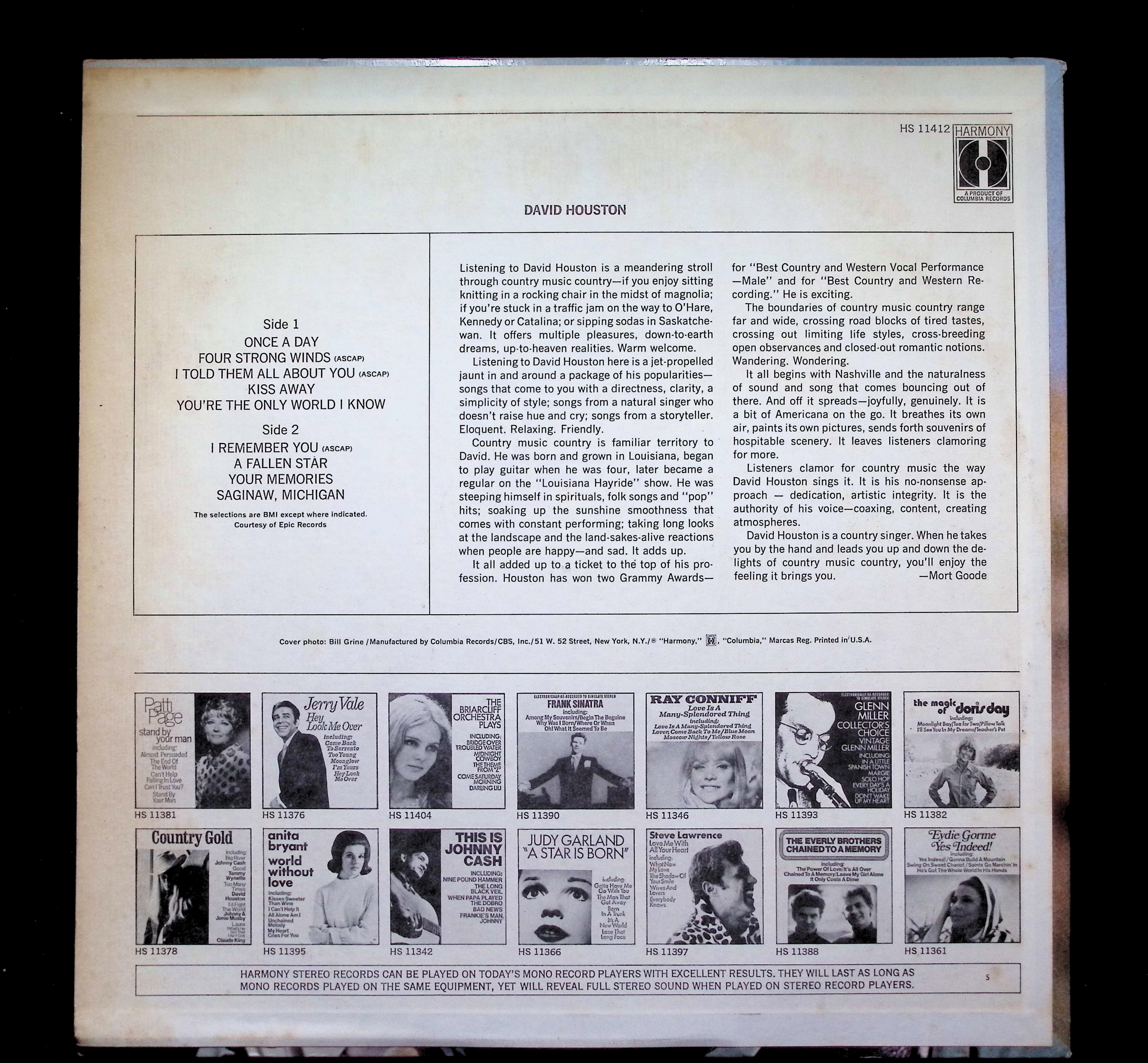 David Houston LP 1970 Harmony Country Folk — image 2