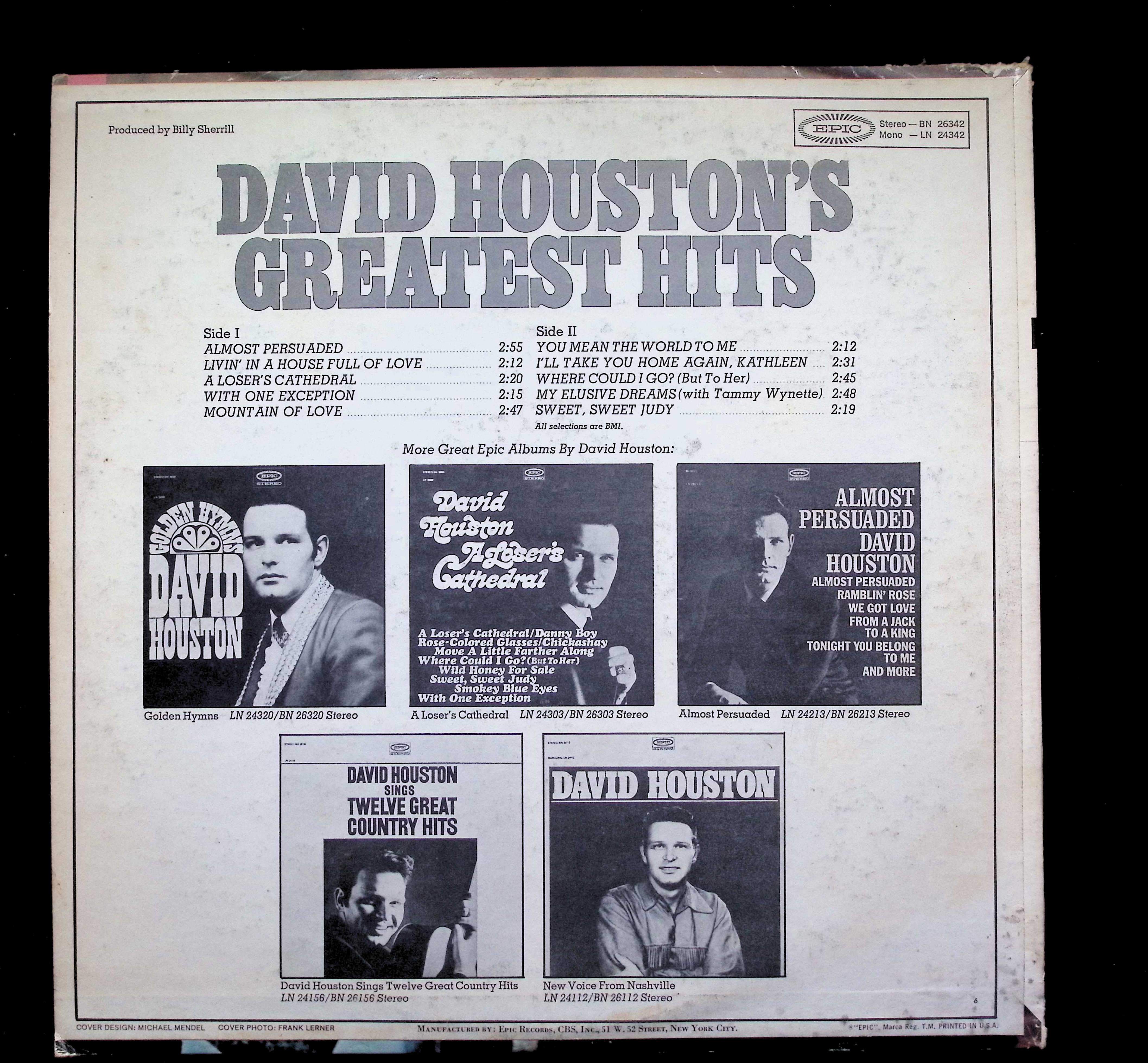 David Houston Greatest Hits LP 1968 Epic Country — image 2