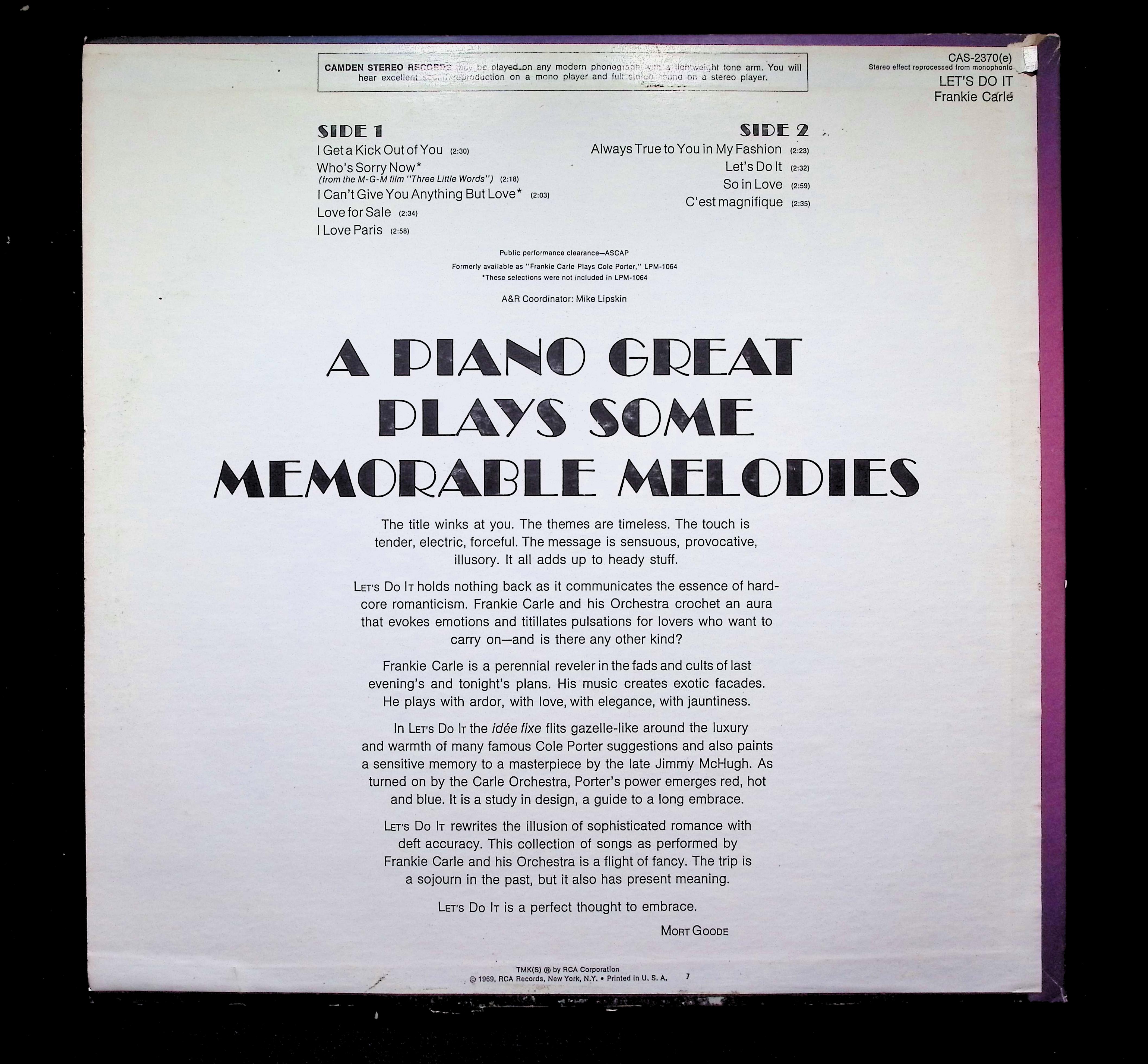 Frankie Carle Let's Do It LP 1969 RCA Camden Jazz — image 2