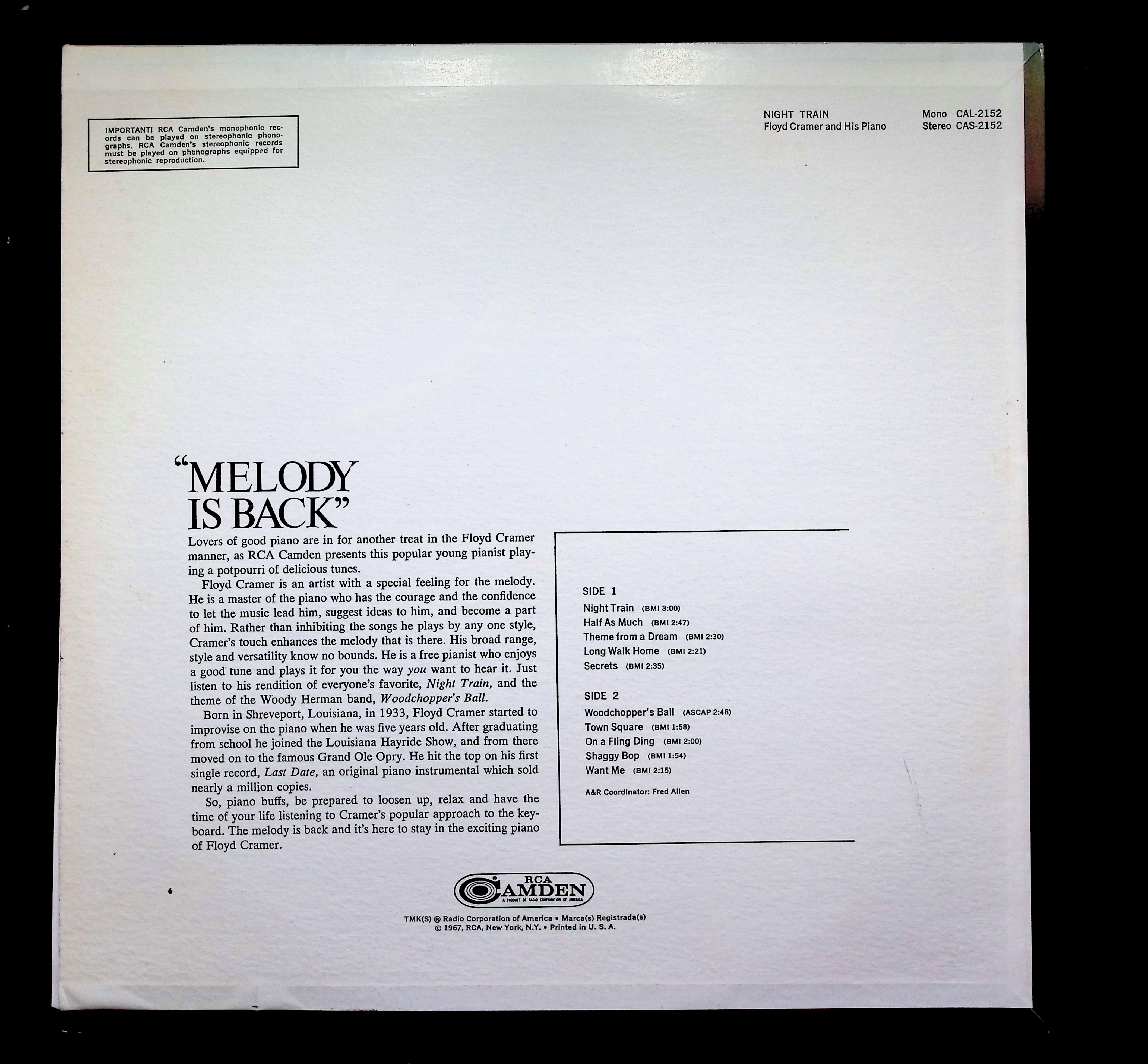 Floyd Cramer Night Train LP 1967 RCA Camden Jazz — image 2