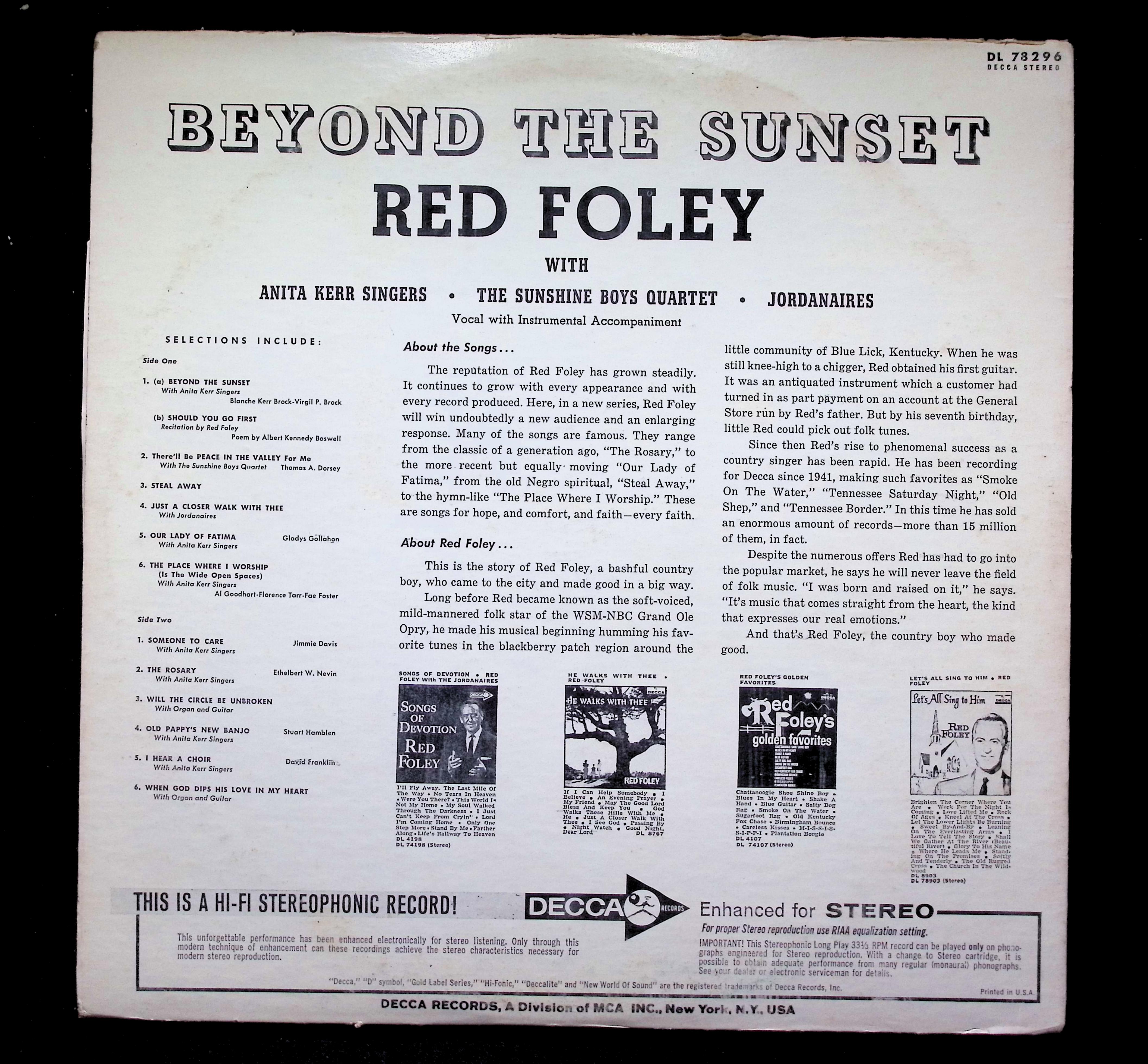 Red Foley Beyond The Sunset LP Decca Country Folk 1900s — image 2