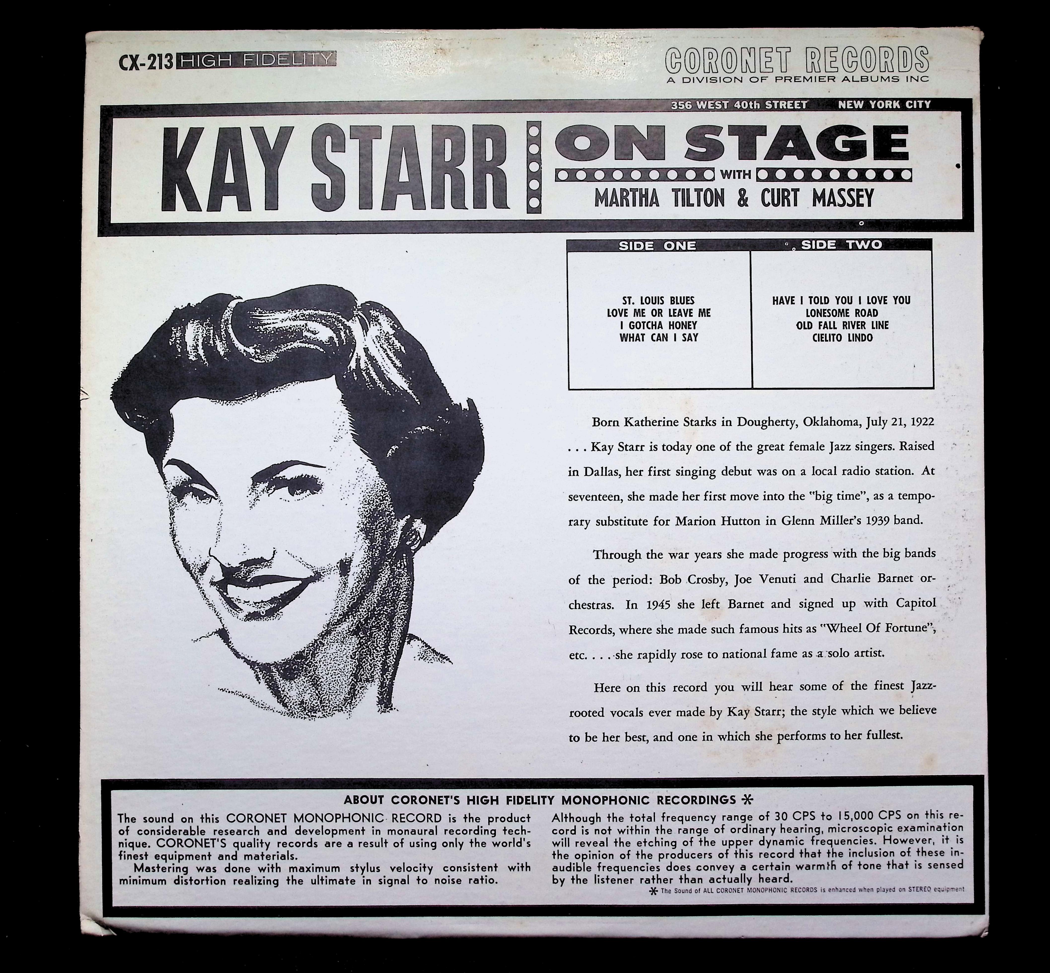 Kay Starr On Stage LP 1964 Coronet Records Jazz — image 2