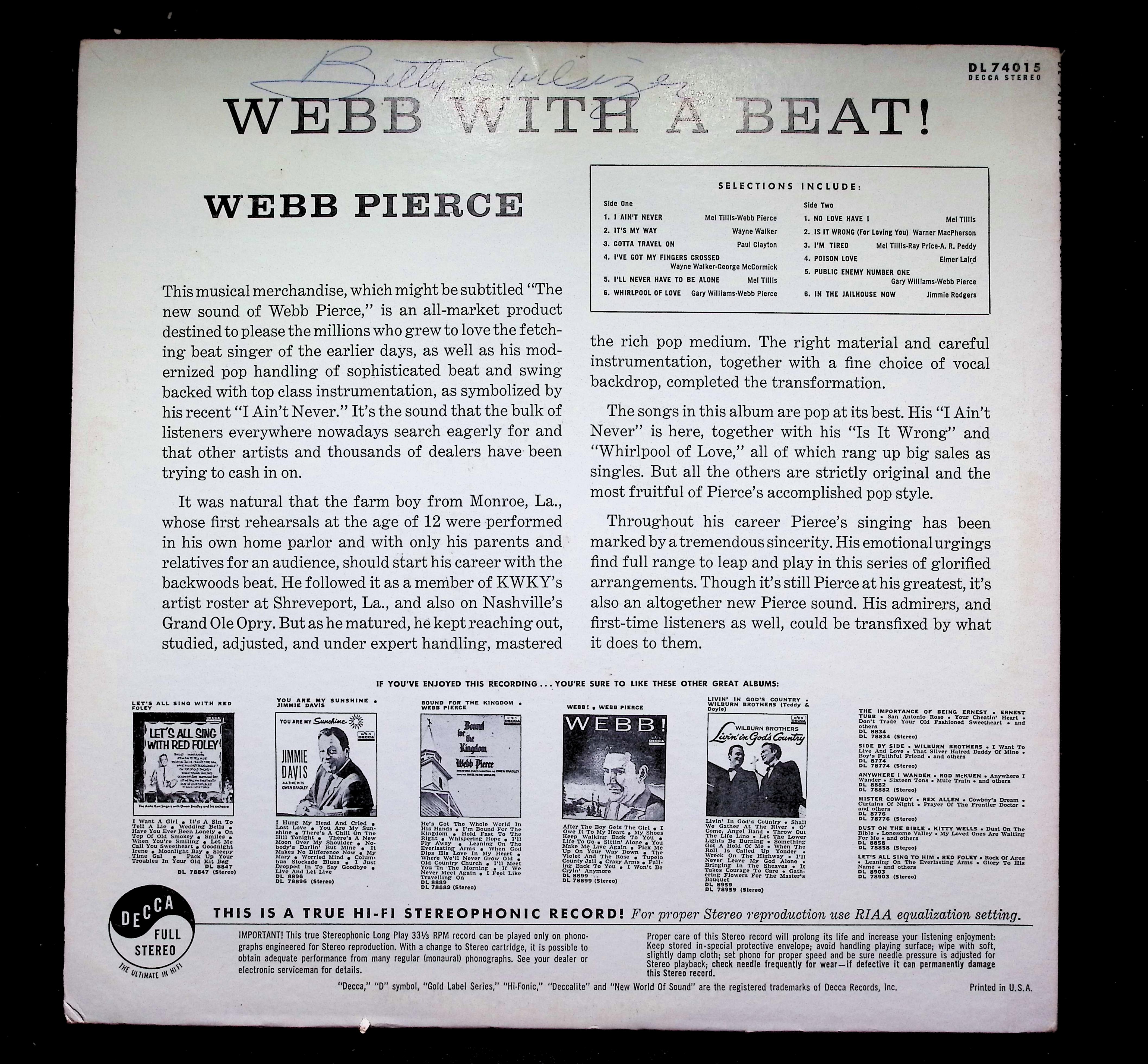 Webb Pierce Webb With A Beat LP 1960 Decca Country — image 2