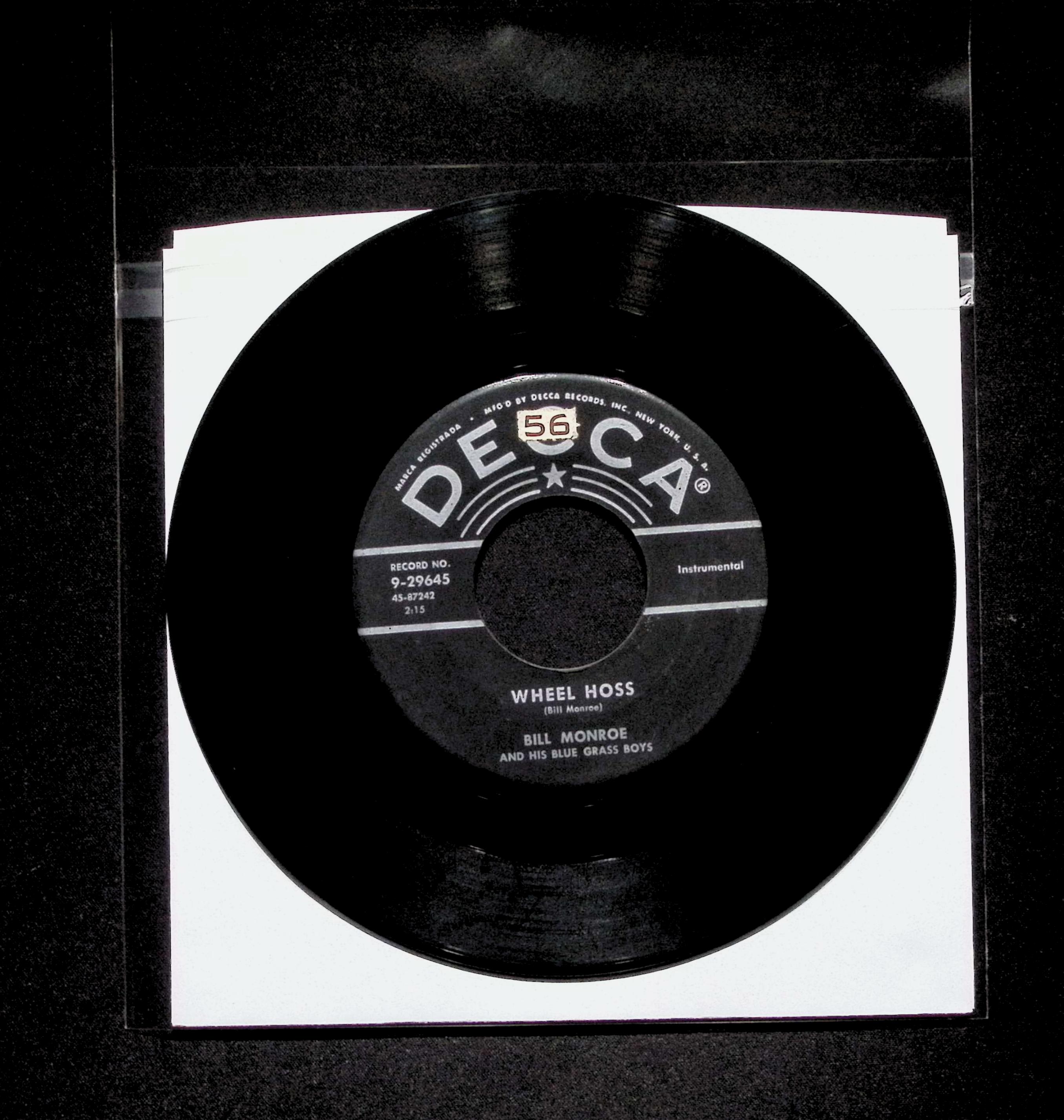 Bill Monroe Blue Grass Boys Wheel Hoss 1955 Decca 9-29645 Bluegrass Vinyl 45 RPM — image 2