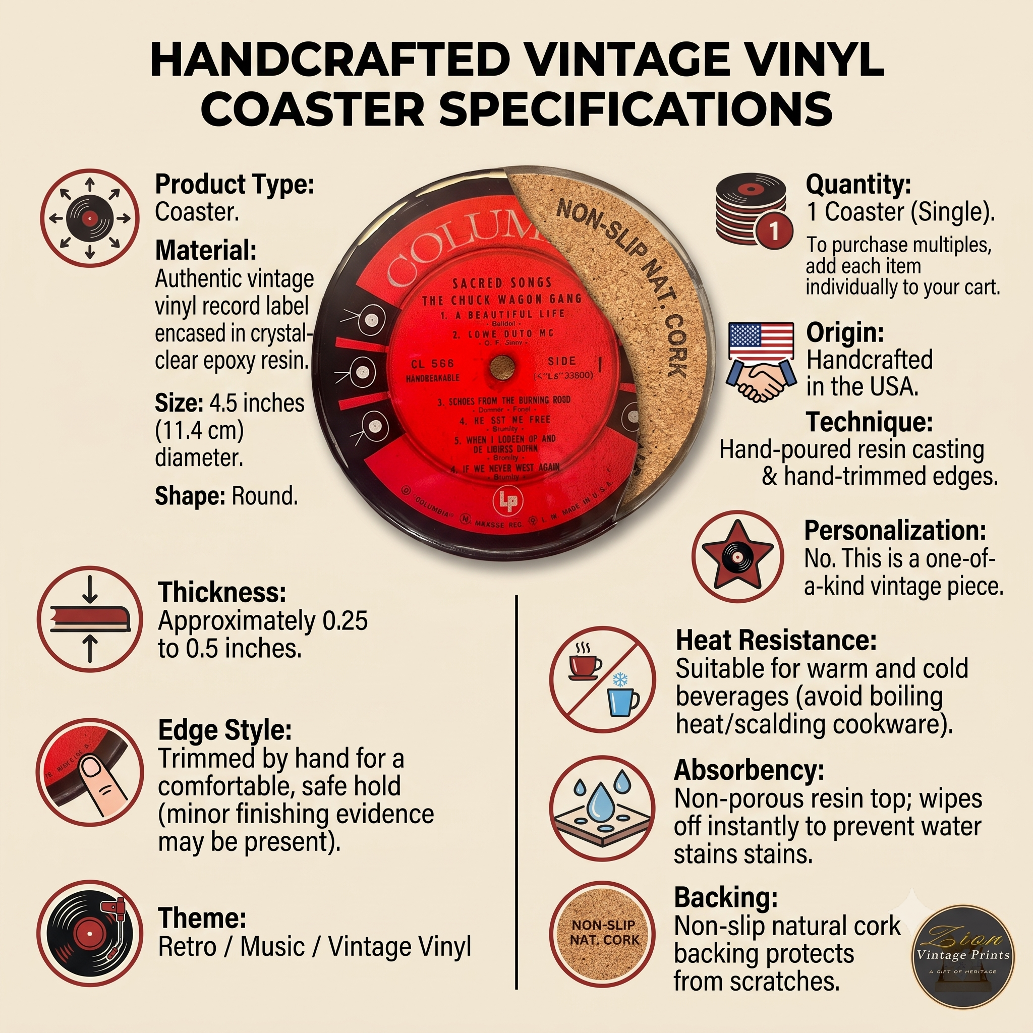 Handmade Vintage Vinyl Record Label Resin Coaster - Light — image 3