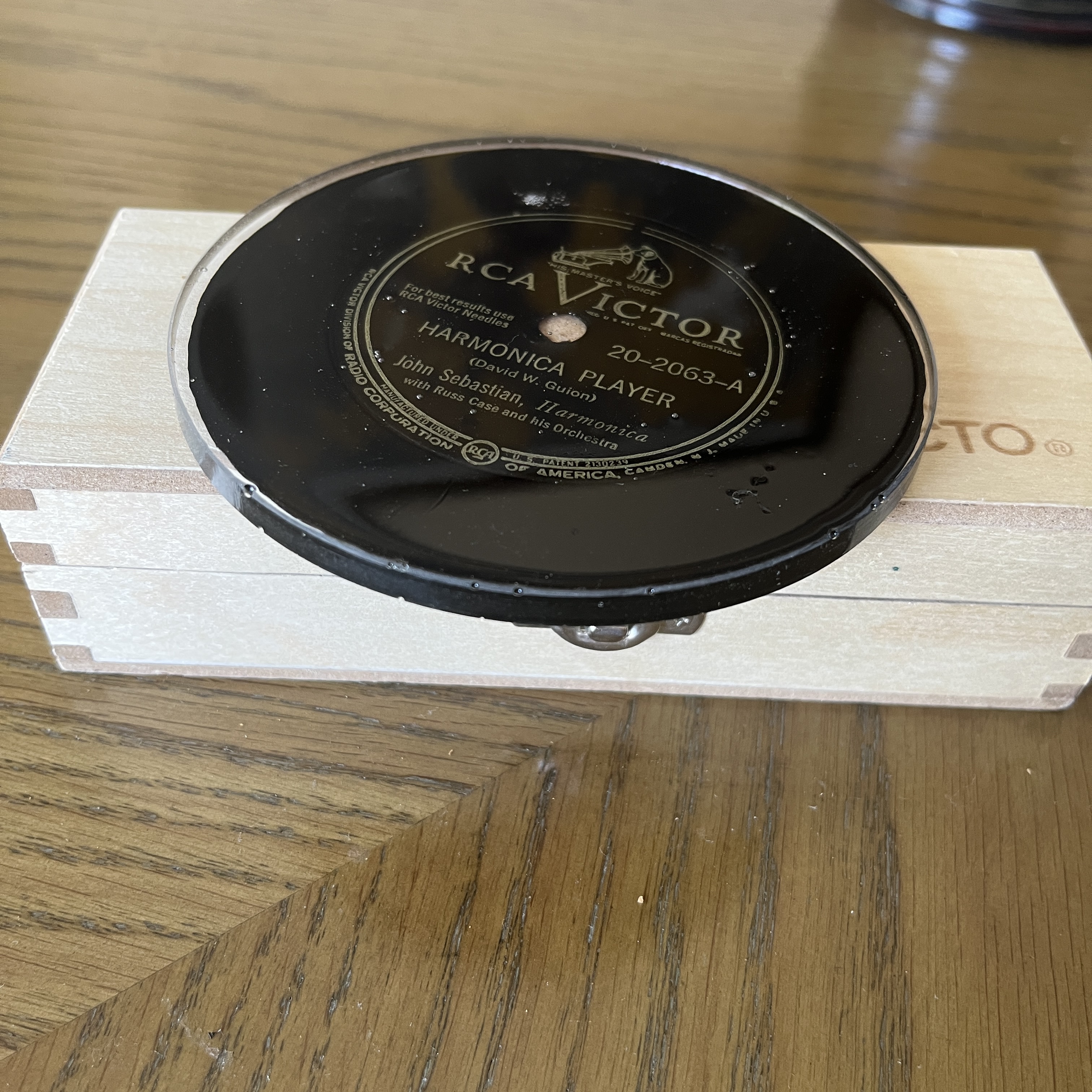 Handmade Vintage Vinyl Record Label Resin Coaster - Harmonica Player — image 2