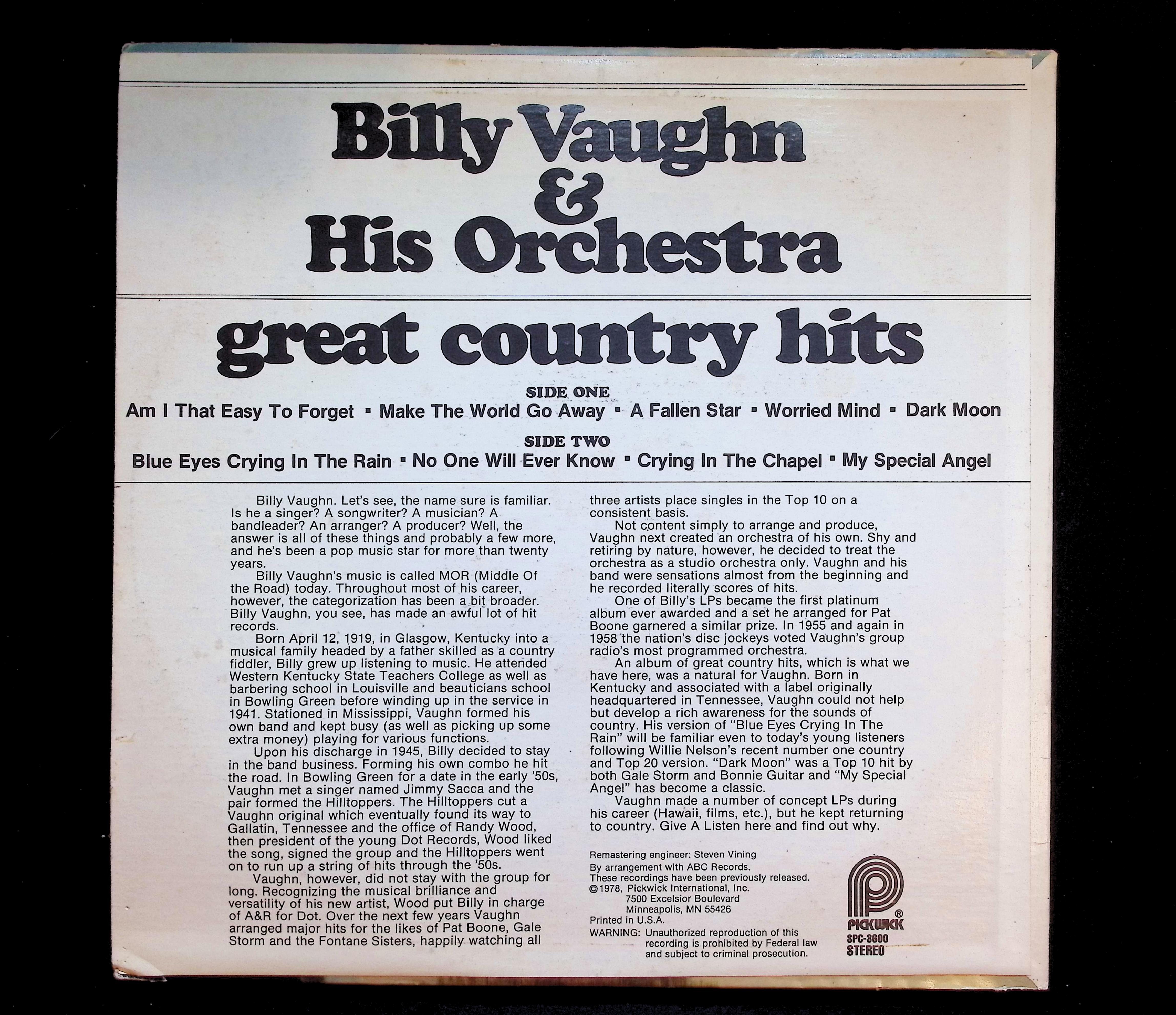 Billy Vaughn Great Country Hits 1978 Pickwick SPC-3600 Country LP — image 2