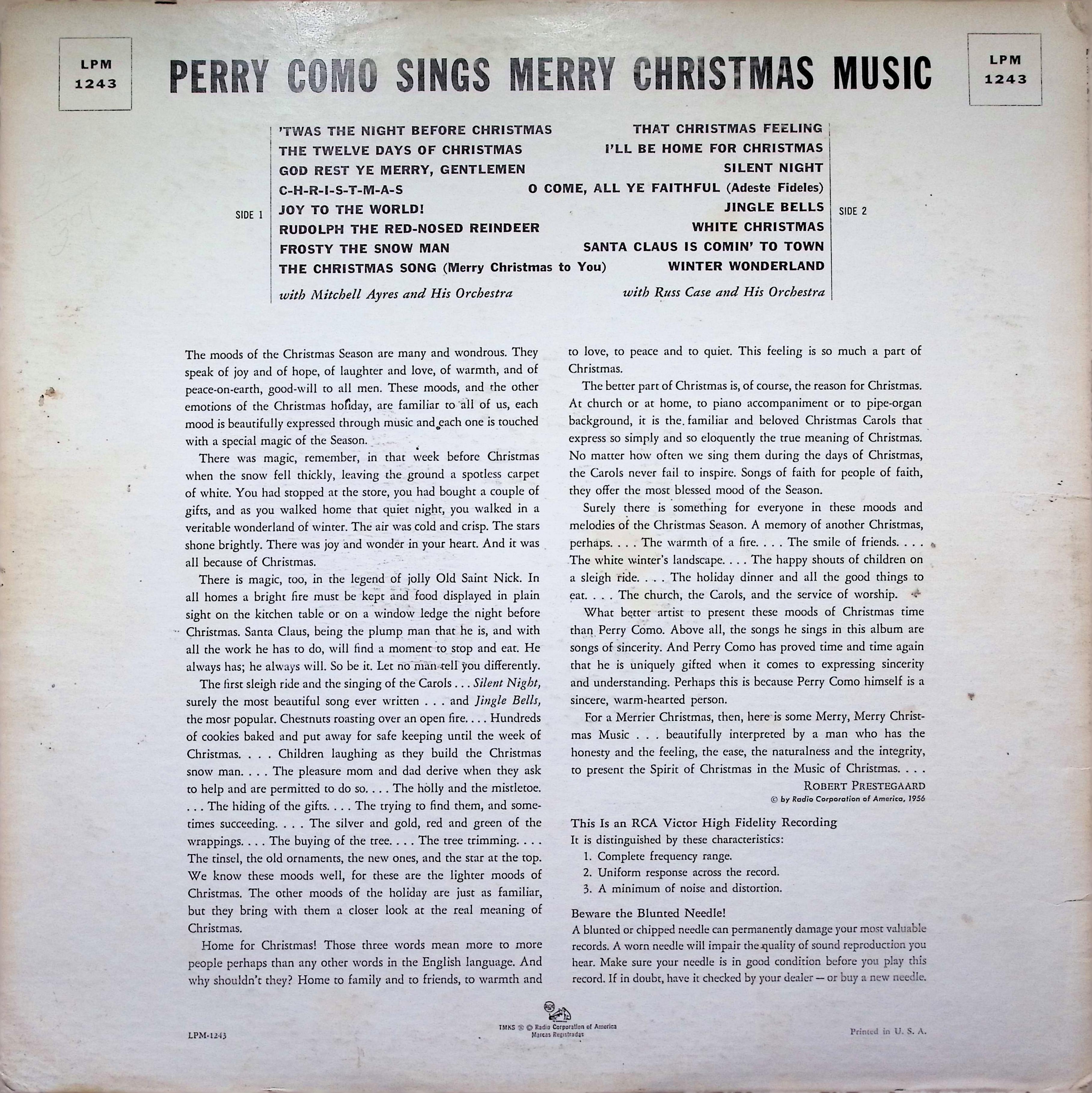 Perry Como Sings Merry Christmas Music LP 1956 — image 2