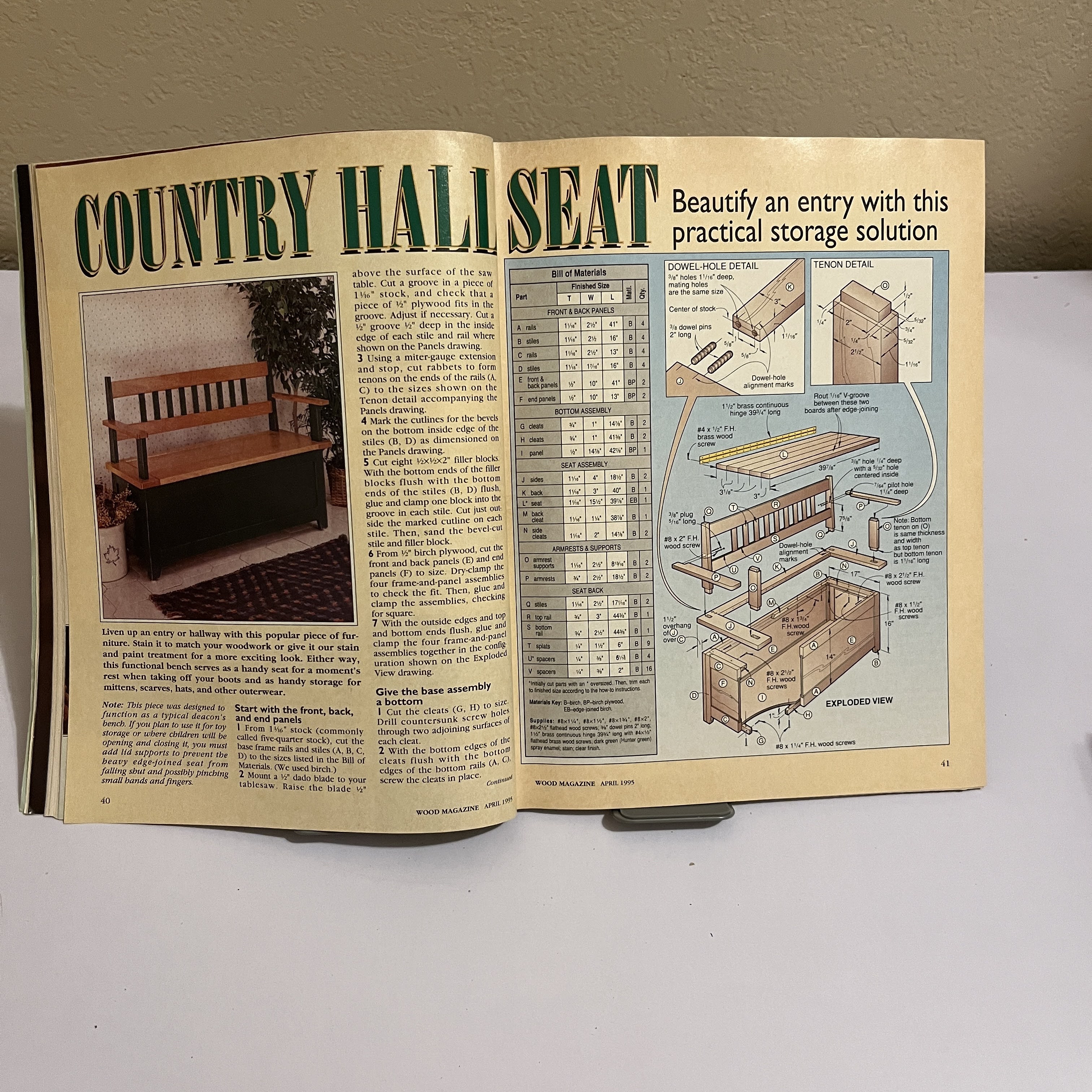 WOOD Magazine Hall Seat Plans April 1995 No. 78 — image 3