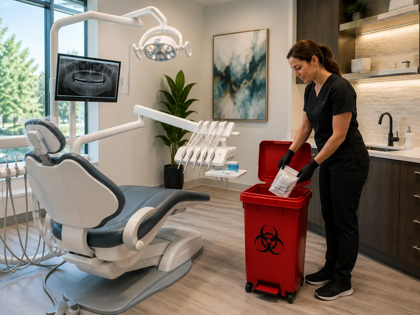 Dental assistant placing waste into a red step-can beside a treatment chair in a modern operatory