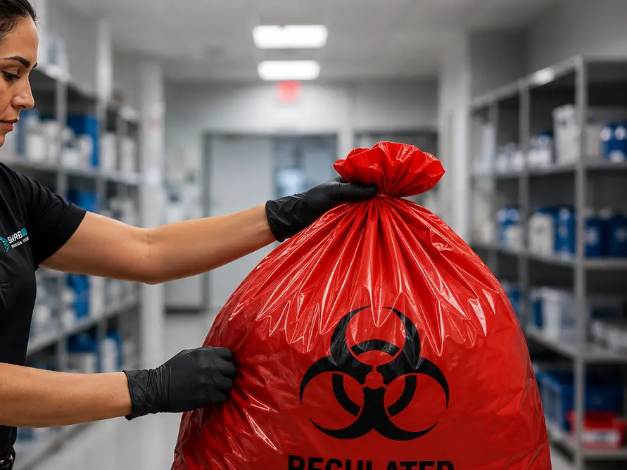 Shred Med technician in gloves sealing a red regulated medical waste bag in a healthcare supply room