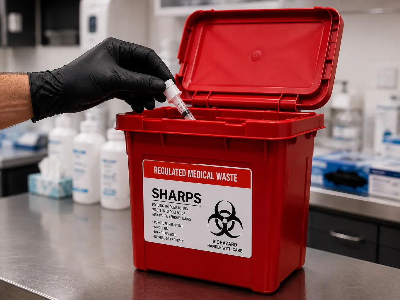 Gloved hand dropping a used syringe into a red sharps container labelled Regulated Medical Waste
