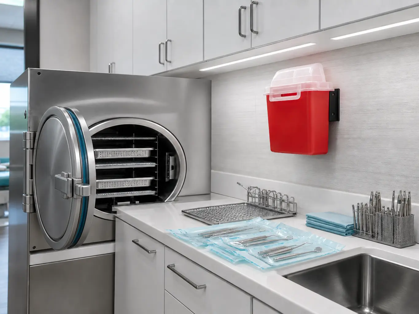 Dental sterilisation area with instrument cassettes, an autoclave and a red sharps container on the counter