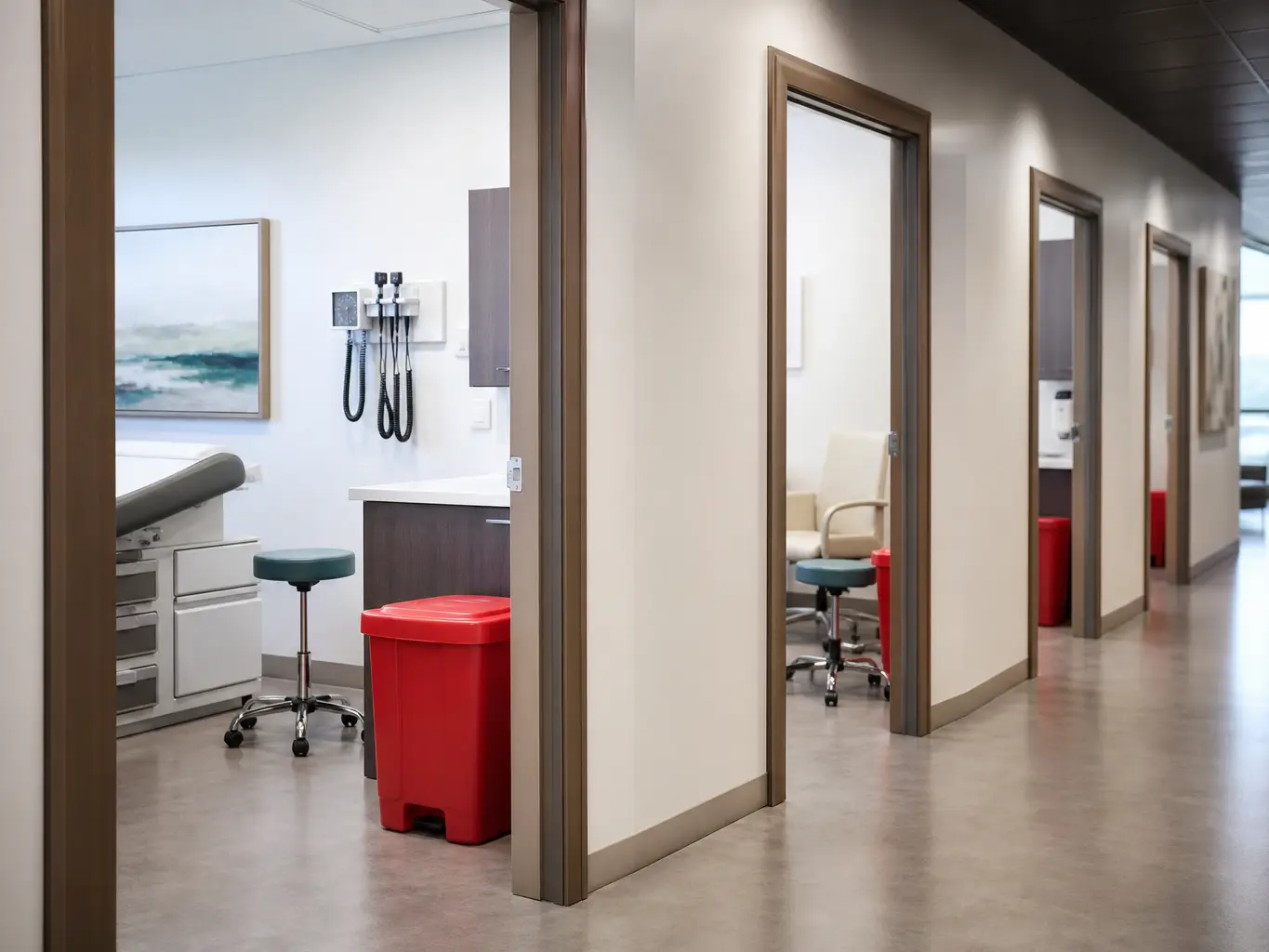 Clinic corridor lined with exam room doors and a wheeled regulated medical waste container staged for collection