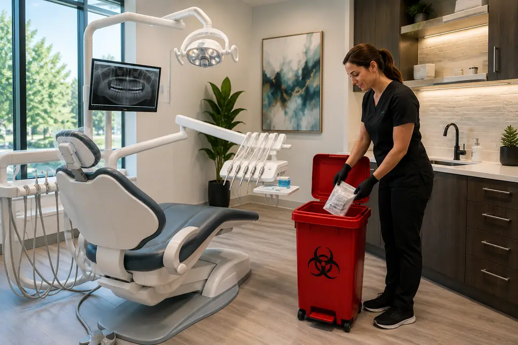 Dental operatory with a red sharps container mounted within reach of the chair
