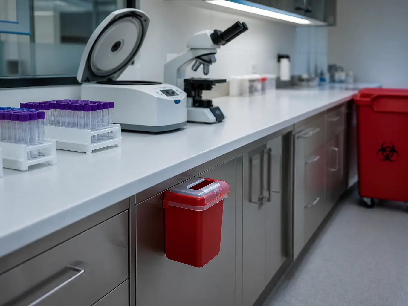 Clinical laboratory bench with specimen racks and a red biohazard waste container at the end of the counter