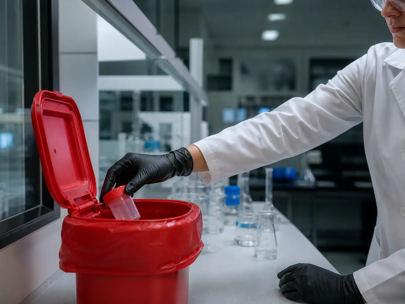 Laboratory technician in a lab coat and gloves placing specimen waste into a red biohazard container at the bench