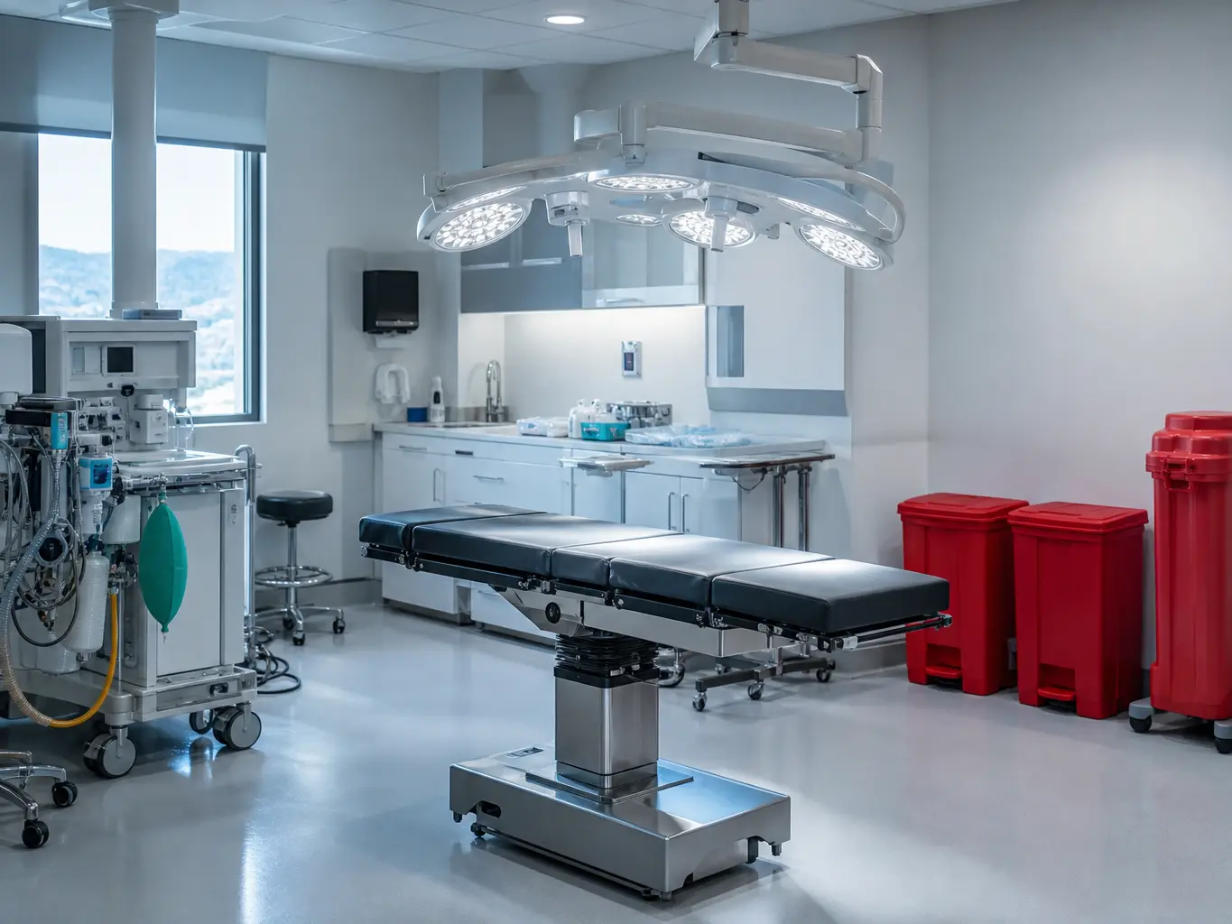 Ambulatory surgery center operating suite with a surgical table, overhead lights and a red regulated waste container
