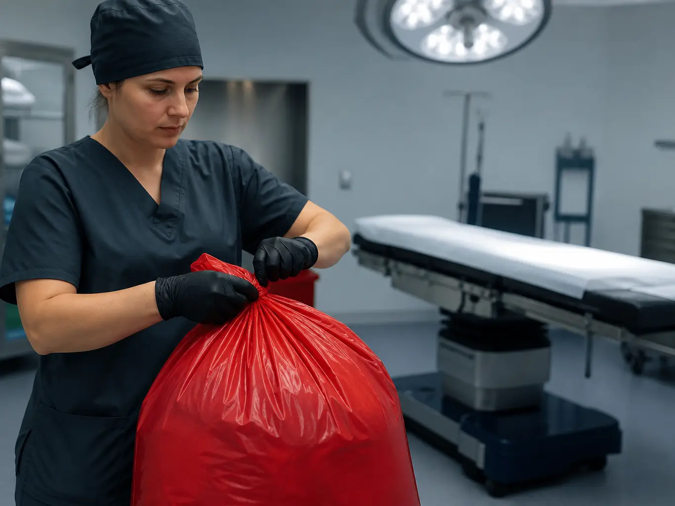 Surgical staff turning over an operating room between cases and bagging regulated waste in a red liner
