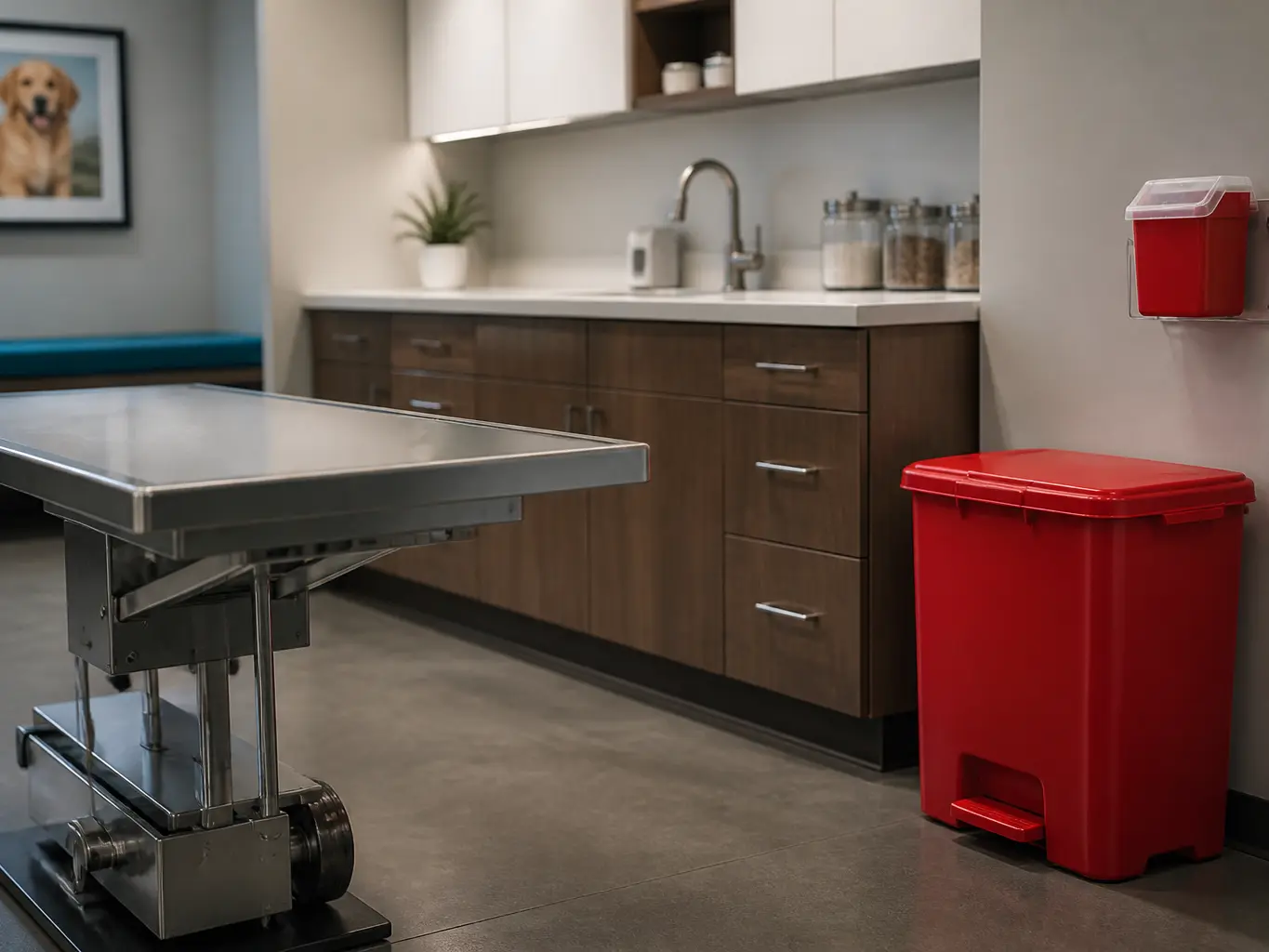 Veterinary clinic exam room with a stainless steel treatment table and a red sharps container mounted within reach