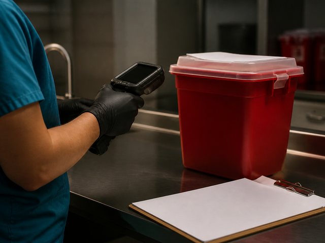 Shred Med technician completing collection paperwork on a clipboard beside a sealed waste container