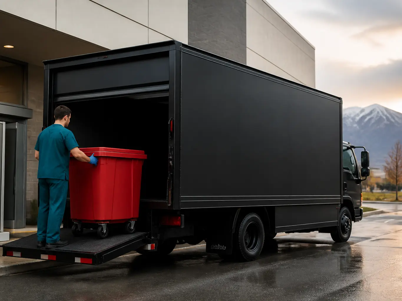 Clean Shred Med medical waste collection vehicle parked outside a healthcare facility with the rear doors open