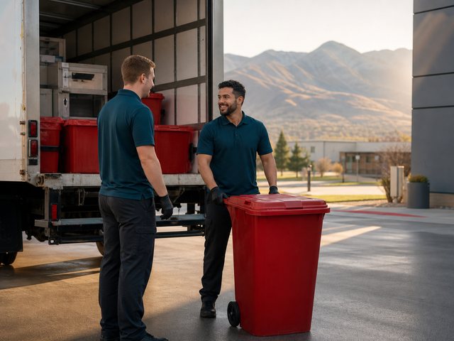 Shred Med crew in uniform standing together beside their medical waste collection vehicle