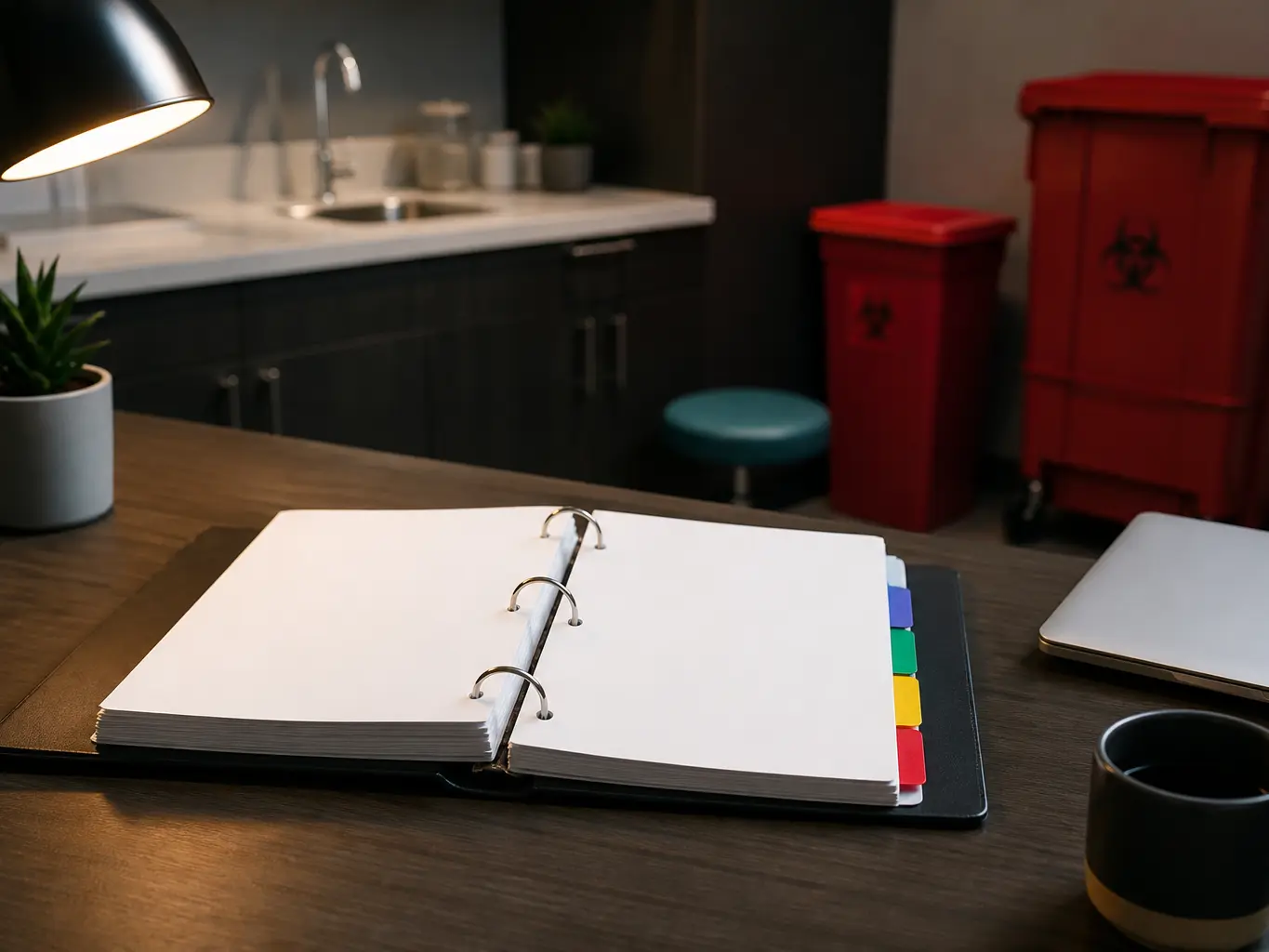 Medical waste compliance binder open on a desk beside completed collection paperwork