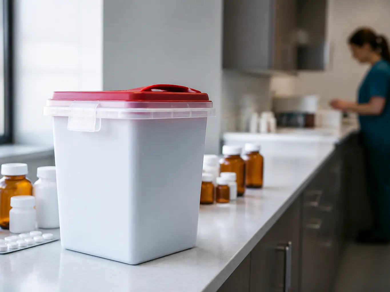 Pharmaceutical waste container standing on a medication room counter beside prepared medication trays