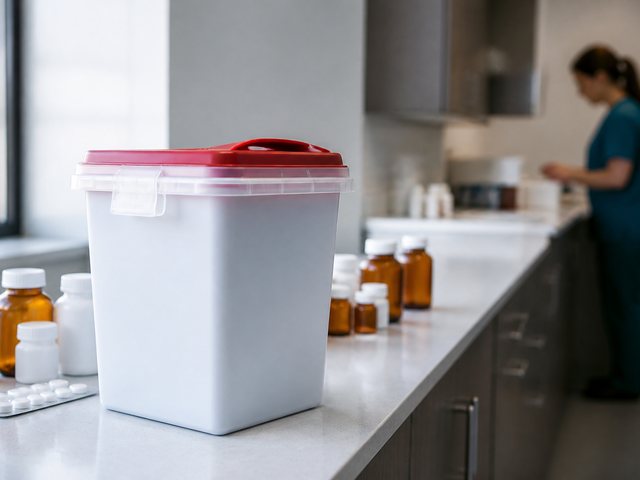 Pharmaceutical waste container standing on a medication room counter beside prepared medication trays
