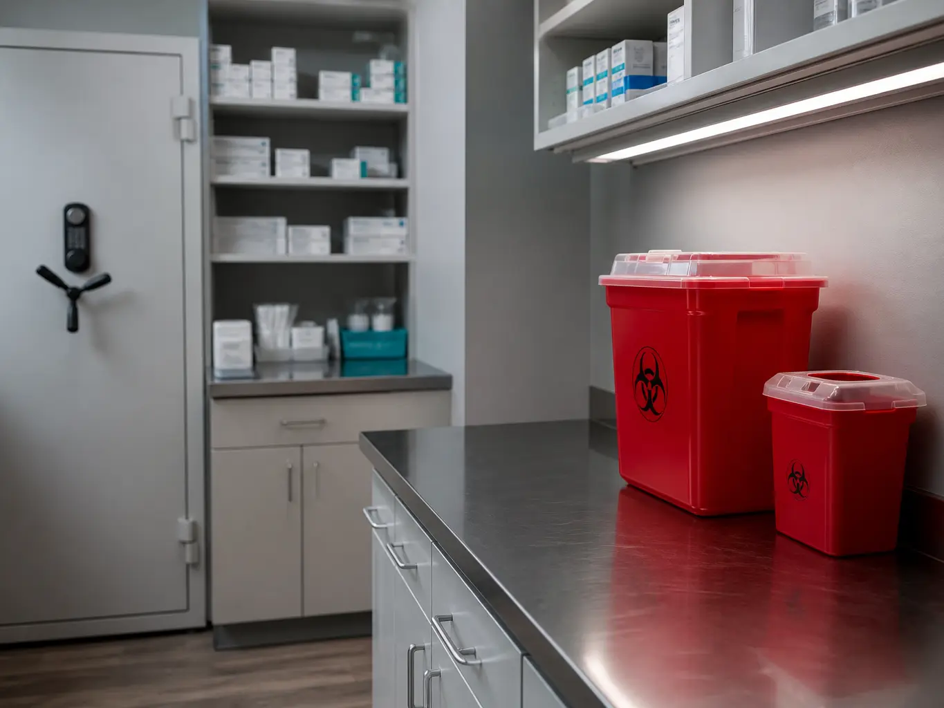 Clinic medication room with stocked shelves and a separate pharmaceutical waste container below the counter