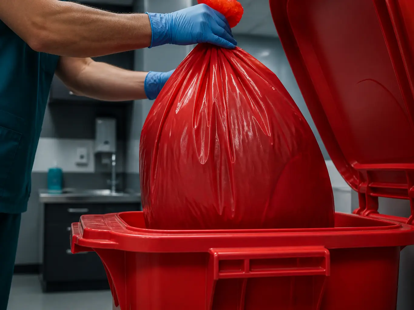 Technician loading a sealed red regulated medical waste container onto a wheeled collection cart