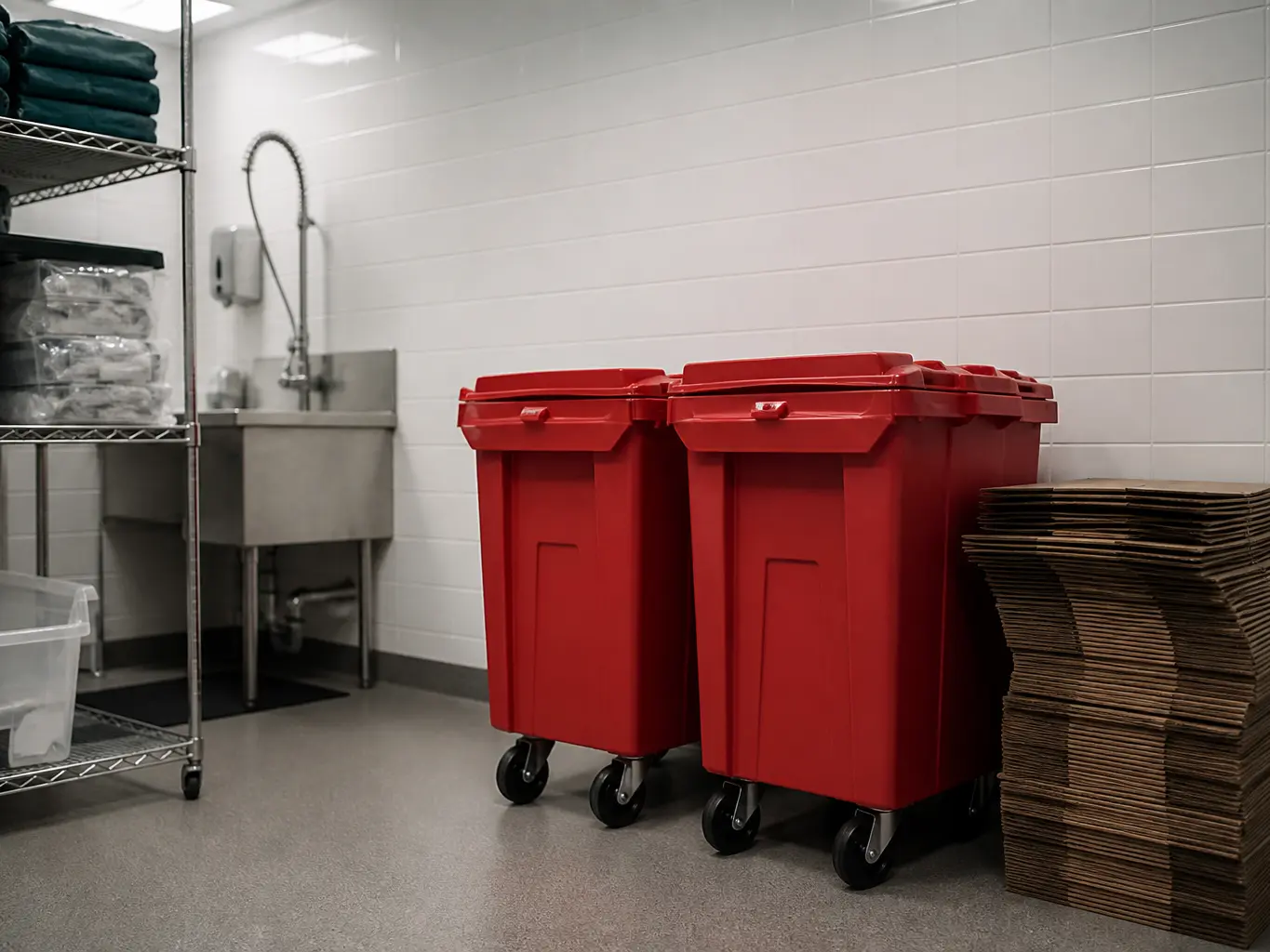 Clinical utility room with a red-lined regulated medical waste container standing against the wall