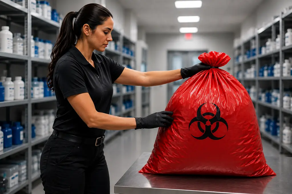 Red-lined regulated medical waste container beside a collection cart in a clinical utility room
