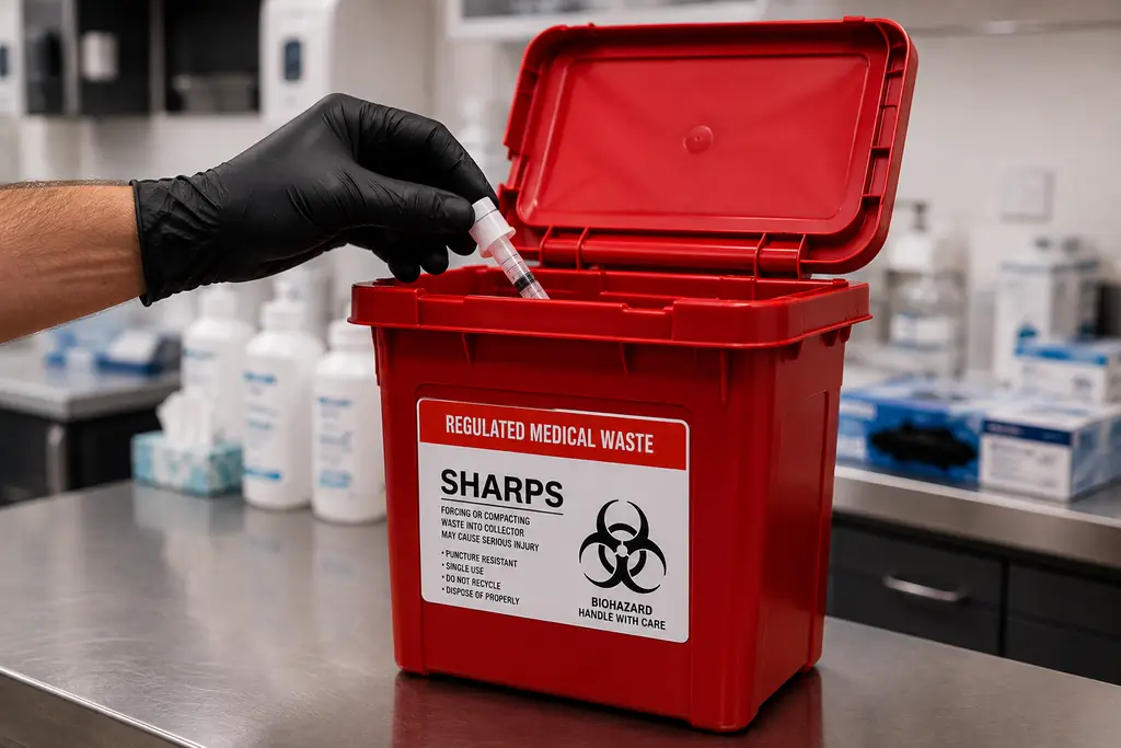 Gloved hands exchanging a sealed red sharps container for an empty one at a wall bracket