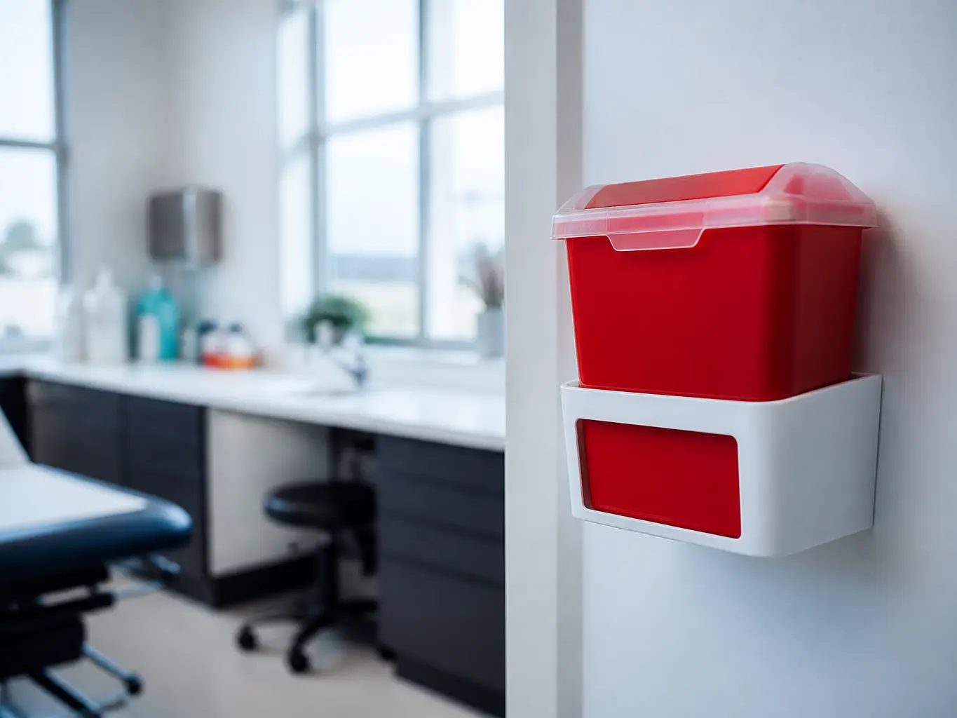 Red sharps container seated in a wall bracket at arm's reach in a treatment room