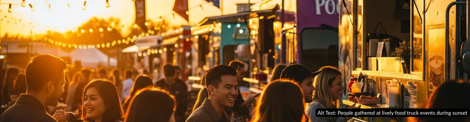 People gathered at lively food truck events during sunset