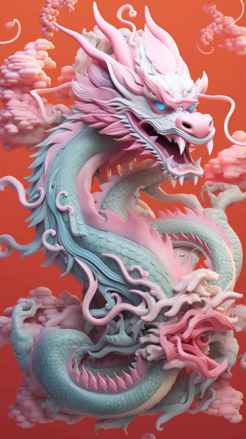 A 3d anime illustration with the text 3d oriental dragon, in the style of james jean, rococo pastel colors