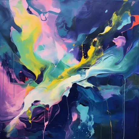 an oil painting abstract with blue, greens, yellow and purple