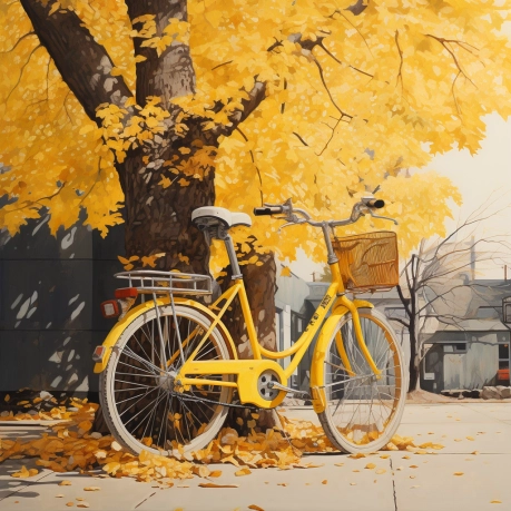 An oil painting of a electric bicycle against a yellow tree, in the style of chinese ink paintings, hyper-realistic urban