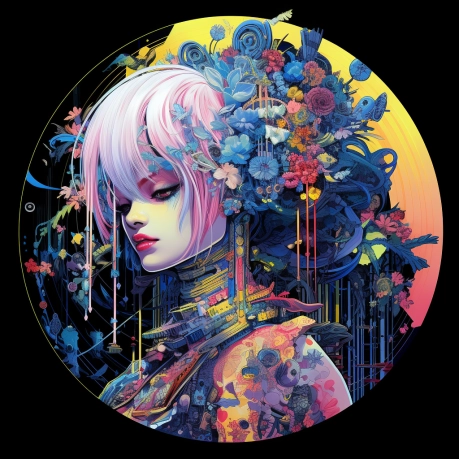 Cybergoth rococo futurism 8-bit round, abstract flora
