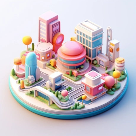 Miniature city, Modern architecture, cartoon, clay material, isometric, 3D rendering, smooth and shiny, Cute, girly style, Pastel colors, spot light, warm tone, white background