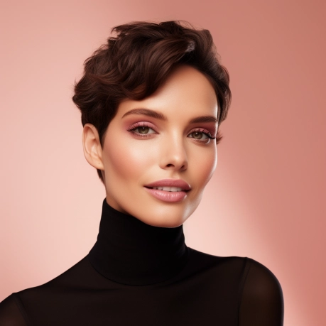 A Skincare campaign showing a close up photograph of a beautiful 40yo spanish woman, short hair away from the face, skincare editorial, minimal, 32k, modern, editorial