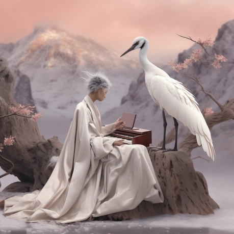 A anthropomorphic Red-crowned crane,Noble aura, Wearing Chinese Hanfu, Chanel Fashion Style, avant-garde, fashionable, Sitting on a huge rock, playing the guzheng, Gray white color tone