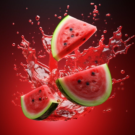 Watermelon, sliced watermelon, splashed watermelon juice,Red background, ice cubes, dynamic, summer,high details, best quality, 8k, ultrahigh definition, hyper skin details
